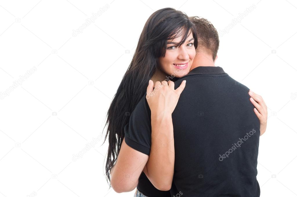 Happy woman inlove hugging man or boyfriend