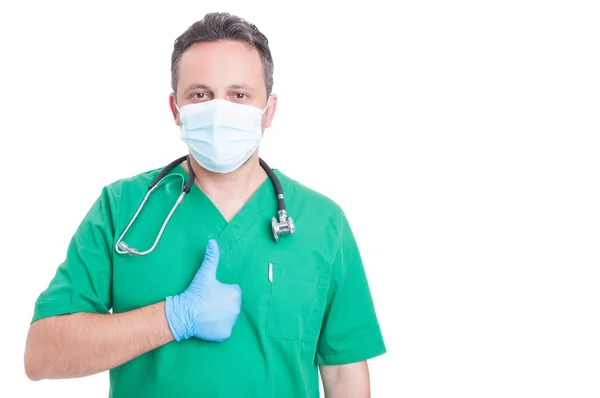 Doctor with mask, scrubs and stethoscope showing like — Stock Photo, Image