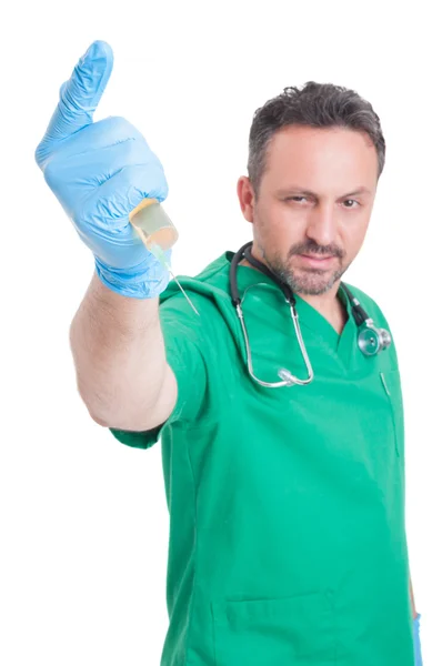 Evil doctor ready to stab with syringe — Stock Photo, Image