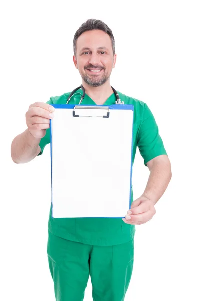 Doctor holding blank clipboard with text space — Stock Photo, Image