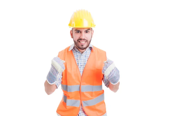 Emocionado e entusiasta trabalhador da construção — Fotografia de Stock