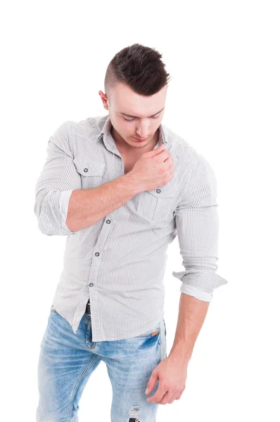 Male model posing and touching the shirt collar — Stock Photo, Image