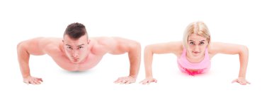 Fitness couple making push ups isolated on white clipart
