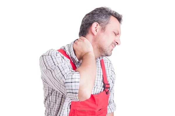 Mecánico con concepto de dolor de cuello en la espalda — Foto de Stock