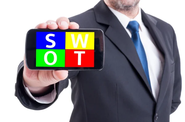 Businessman hand holding smartphone with swot analysis diagram — Stock Photo, Image