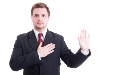 Young lawyer making oath or swearing gesture clipart