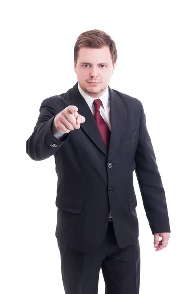 Contabilista ou gerente financeiro apontando o dedo para a câmera — Fotografia de Stock