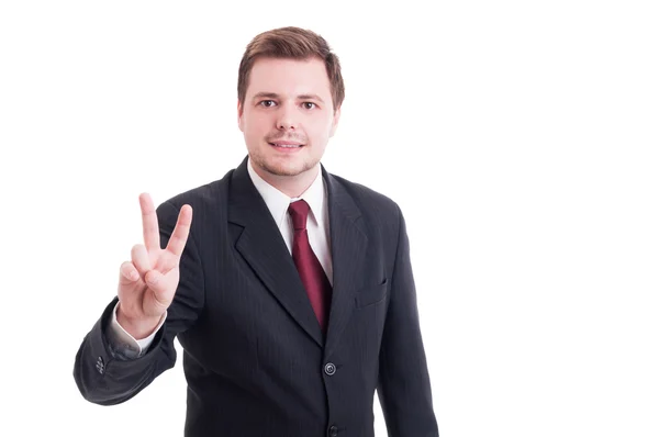 Accountant or financial manager showing peace and victory gestur — Stock Photo, Image