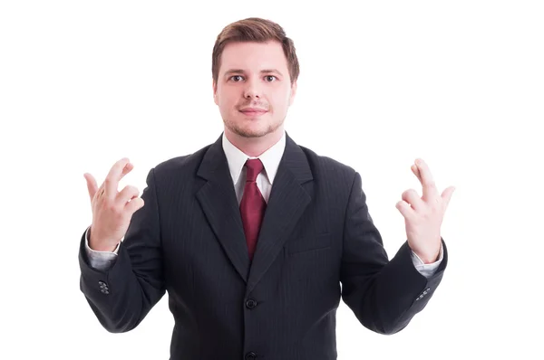 Accountant or financial manager making fingers crossed with both — Stock Photo, Image