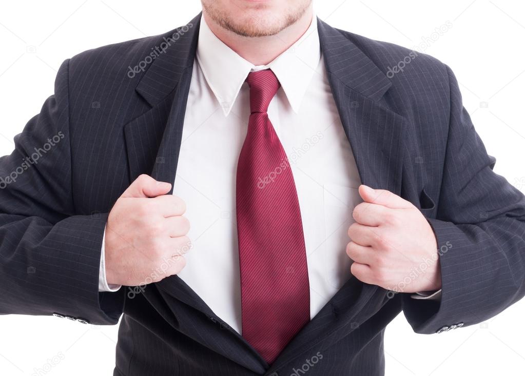 Super hero businessman concept with open suit jacket