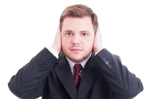 Biznesmen, księgowy i dyrektor finansowy obejmujący jego uszy — Zdjęcie stockowe