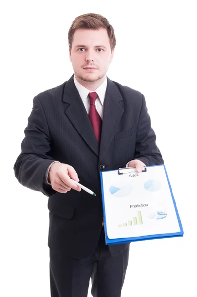 Sales manager or salesman showing printed financial charts and s — Stock Photo, Image