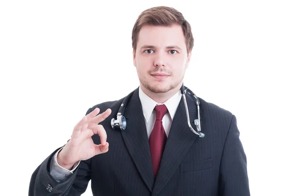 Eleganter Sanitäter oder Arzt zeigt okay perfekte Geste — Stockfoto