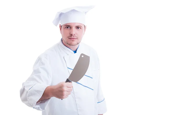 Chef o cuoco in possesso di un grande coltello chiamato mannaia — Foto Stock