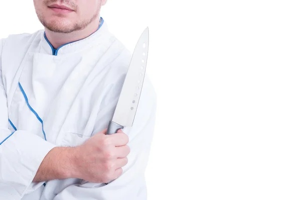 料理やシェフの大きなナイフ所持の肩のビュー — ストック写真