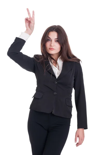 Young and confident business woman showing peace or victory gest — Stock Photo, Image