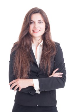 gülümseyen iş kadın kolları ile ayakta geçti