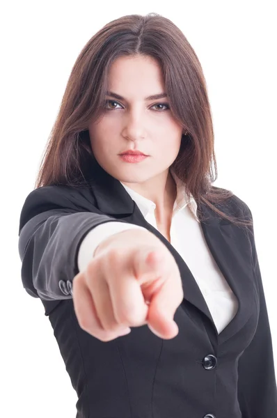 Business woman selecting or choosing you pointing finger to came — ストック写真