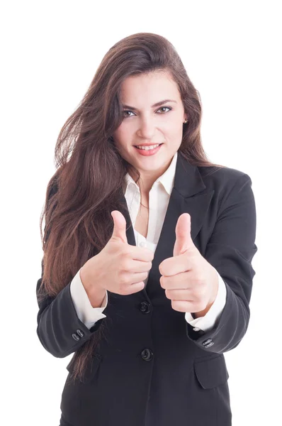 Mujer de negocios mostrando doble como gesto o pulgares hacia arriba —  Fotos de Stock