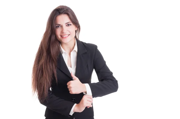 Длинные волосы деловая женщина регулировки костюм рукав — стоковое фото
