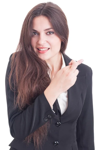 Young business woman making good luck gesture by crossing finger — Stock Photo, Image