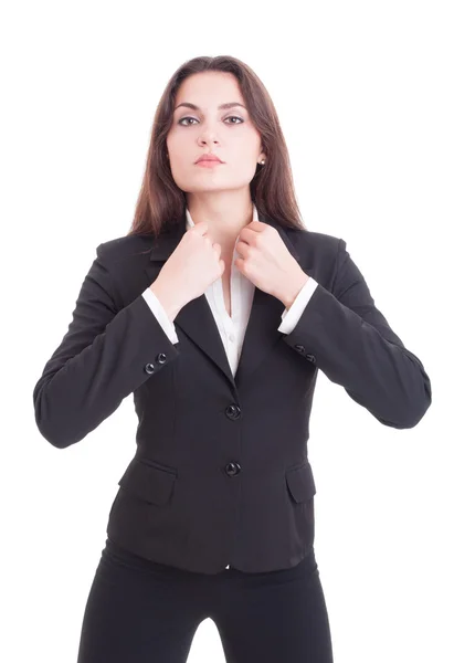 Young slim and sexy business woman fixing shirt collar — Stock Photo, Image