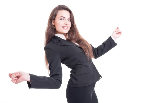 Feliz mujer de negocios bailando emocionada y entusiasta —  Fotos de Stock