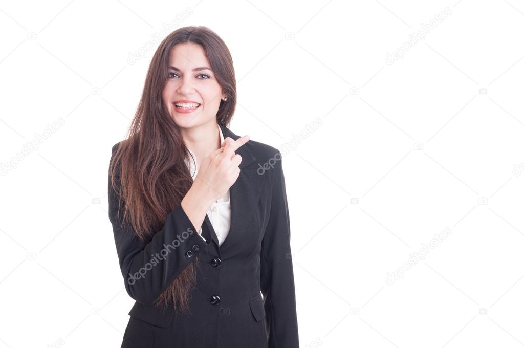 Successful business woman making good luck gesture by crossing f