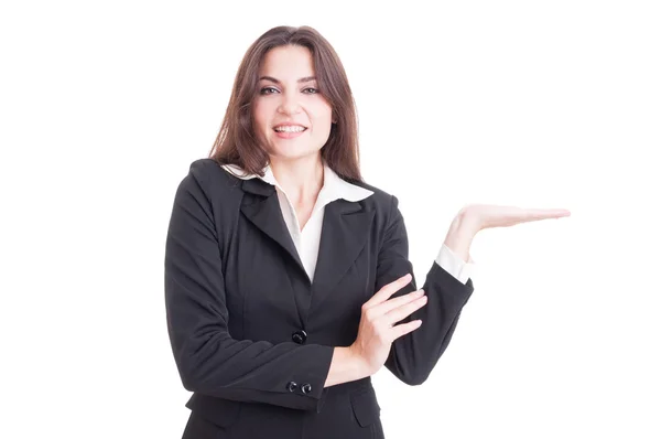 Beautiful young business woman holding nothing on palm — Stock Photo, Image