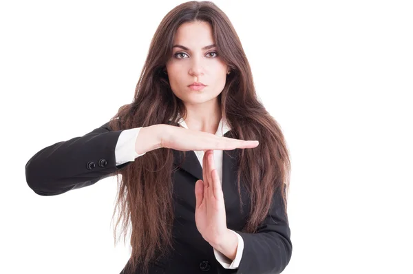 Mulher de negócios atraente ou professor mostrando tempo fora gesto — Fotografia de Stock