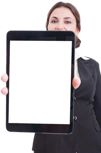 Business woman showing tablet with white or blank display — Stock Photo, Image