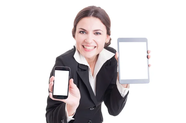 Beautiful young sales female showing modern technology devices — Stock Photo, Image