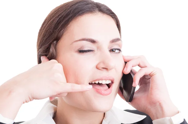 Beautiful face of beautiful female contact person showing call g — Zdjęcie stockowe