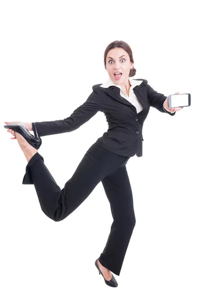 Modern technology sales woman acting excited, enthusiastic, chee — Stock Photo, Image