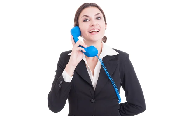 Woman or female contact person answering the phone smiling — Stock Photo, Image