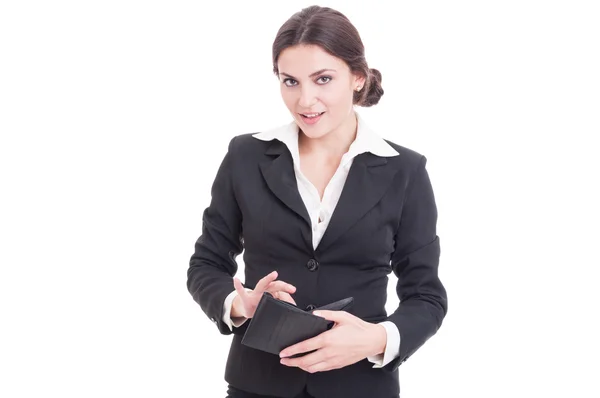 Mujer de negocios feliz sosteniendo cartera sonriendo satisfecho —  Fotos de Stock