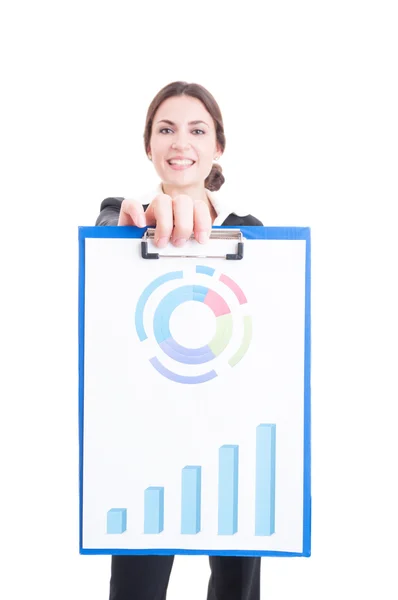 Happy and proud sales woman holding clipboard with financial cha — Stock Photo, Image