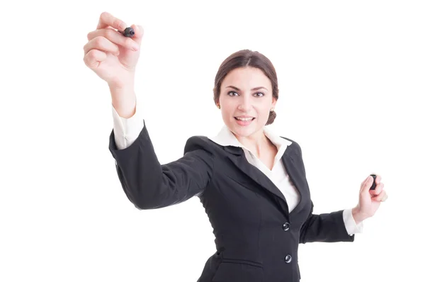 Smiling business woman or teacher using marker on transparent sc — Stock Photo, Image