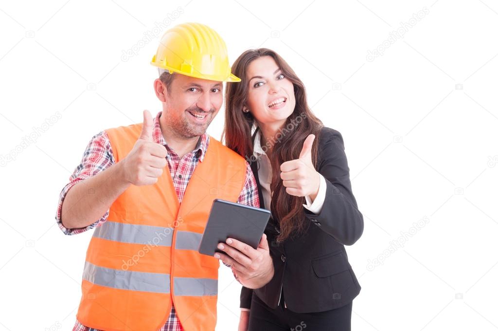 Construction builder and business woman standing back to back