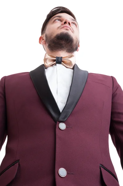 Hjälte skott av manlig modell klädd i kostym och gyllene bowtie — Stockfoto