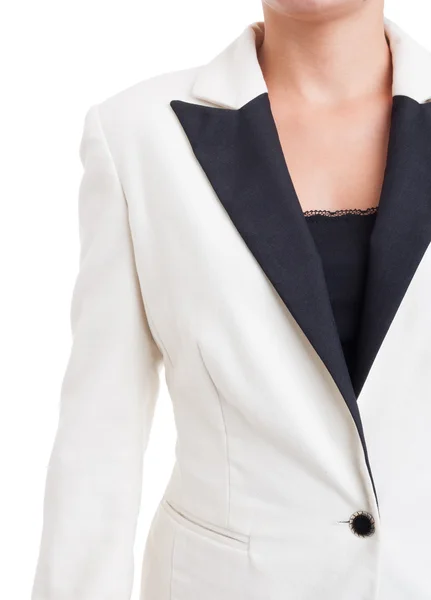 Visel elegáns fehér üzleti öltöny zakó, női modell — Stock Fotó