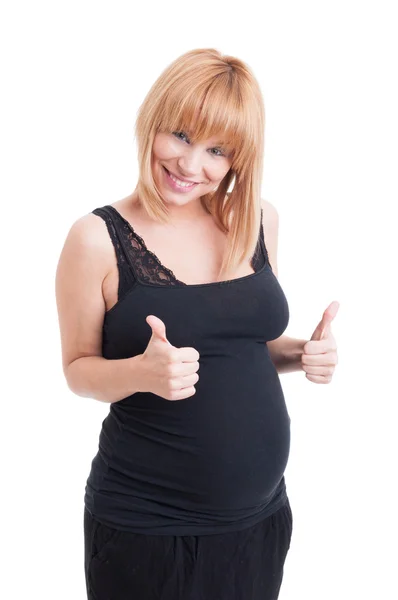 Unga gravid kvinna visar dubbel som eller tummen upp gest — Stockfoto