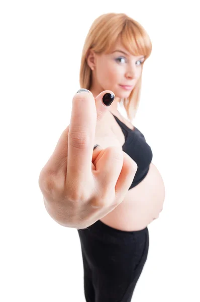 Mujer embarazada joven mostrando señal de buena suerte — Foto de Stock