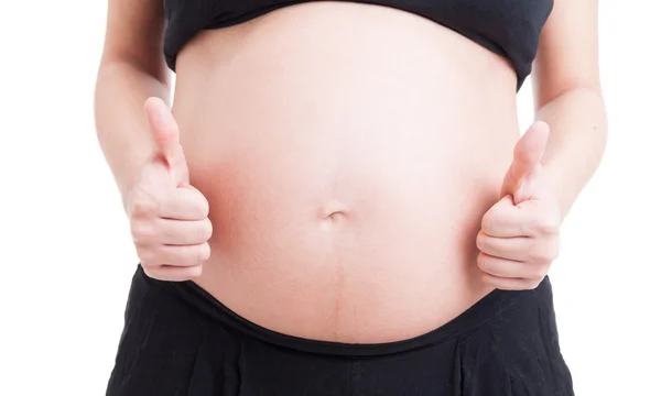 Grande mulher grávida barriga ou barriga e duplo como gesto — Fotografia de Stock