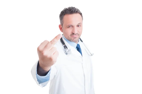 Angry doctor showing middle finger — Zdjęcie stockowe