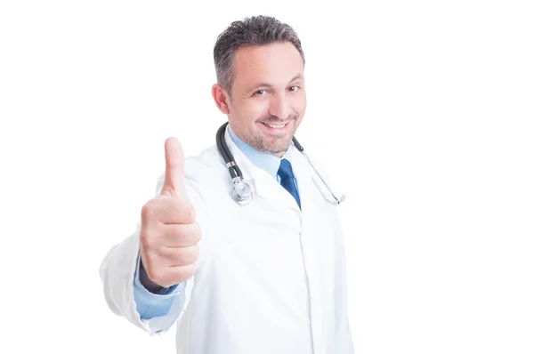 Handsome young doctor showing like and wearing lab coat — Stock Photo, Image