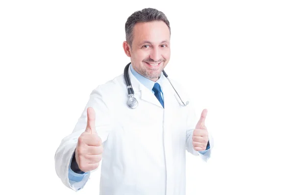 Uppmuntra och glädjande medic eller läkare visar dubbel som — Stockfoto