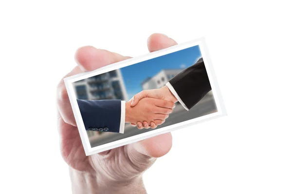 İş insanların karşılıklı kartındaki tarafından insan elini tut — Stok fotoğraf