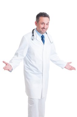 Handsome young doctor posing isolated on white