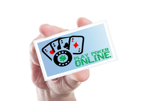 La celebración de la mano jugar poker tarjeta en línea con cuatro ases — Foto de Stock